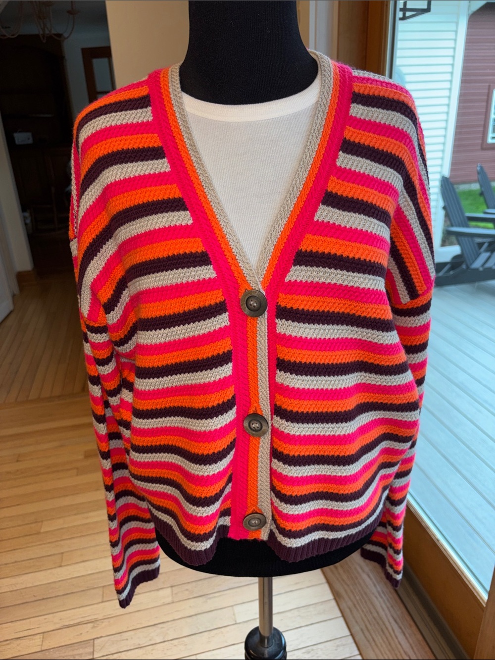Lisa Todd Striped V-Neck Cardigan in Pink, Orange & Brown
